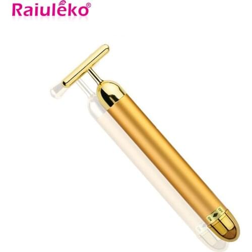 Slimming Face 24k Gold Vibration Facial Beauty Roller Massager Stick Lift Skin Tightening Wrinkle Face Tool with Black Bag