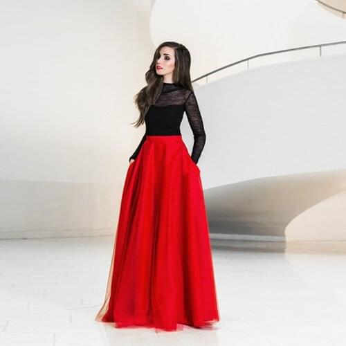 Elegant Maxi Tulle Skirt with Pockets High Waist Floor Length Red Long Skirts Womens Tutu Formal Prom Party Skirt Custom Made