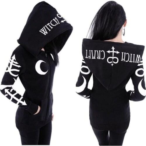 JIEZUOFANG Cool Hoodies Clothes Women 2019 New Gothic Punk Moon Letters Printed Sweatshirts Winter Autumn Sleeve Jacket Zipper