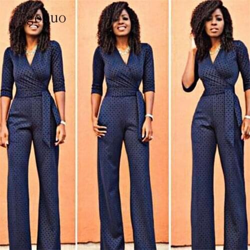 Deep V-Neck Elegant Formal Jumpsuits Women Half Sleeve Belted Business Work Bodysuits Rompers With Straight Wide Leg Pants