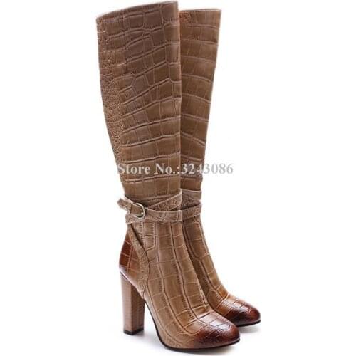 New Crocodile Print Chunky Heel Near Knee Boots Woman Best Design Cross Strap Thick Heel Long Boots Lady Large Size Dress Shoes