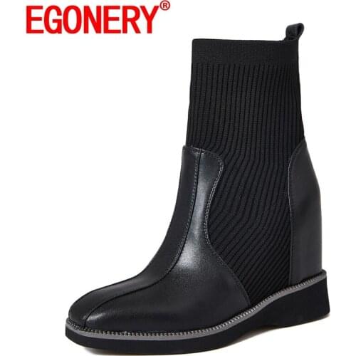 EGONERY Women winter New Style Leisure Slope Heel ankle boots cow leather and Stretch flying weave upper Comfortable ventilation