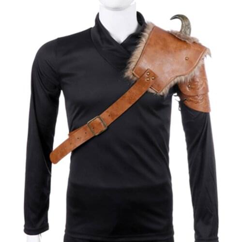 Medieval Warrior Women Armour Costume Cosplay LARP Adult PU Leather Brown Viking Shoulder Armor with Horn