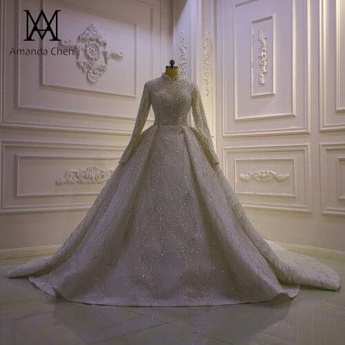 Robe femme High Neck Long Sleeve Lace Appliqued Muslim Wedding Dress 2021