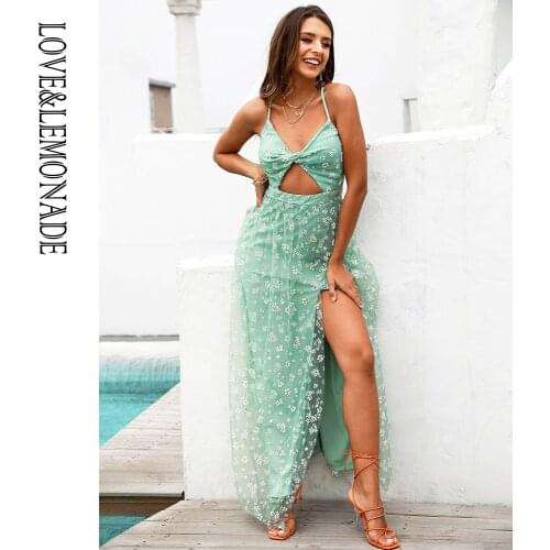 LOVE&LEMONADE Sexy Light Green Knot Hollow A-Line Flower Website Split Maxi Dress LM83208
