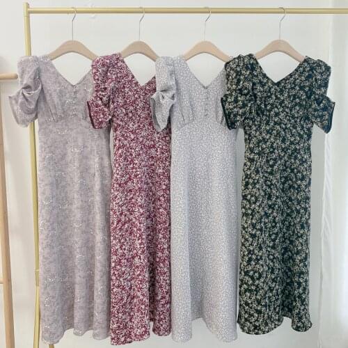 V Neck Puff Short Sleeve Woman Dress 2021 Autumn Vintage Print Drawstring Slim Waist Vestidos Elegant Feminino Design Robe