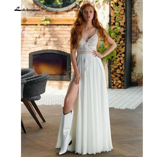 Sexy Spaghetti Straps Split Lace Bohemia Style Wedding Dresses Beach Chiffon A Line V Neck vestidos de novia elegantes 2021