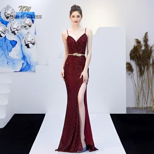 Evening dresses 2019 sexy v-neck mermaid dark red sequin women formal dress floor length in stock evening gown