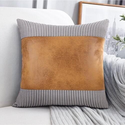 45*45cm Cushion Cover PU Leather Canvas Stripe Patchwork Pillow Covers for Office/Car/Sofa/throw Home Decorative Pillowcase 1pc