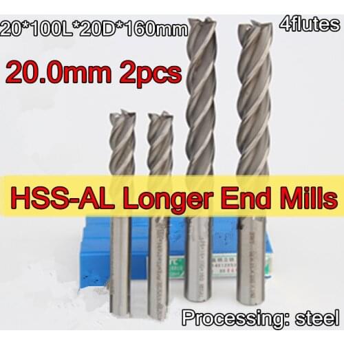 20*100L*20D*160mm 2pcs/set 4flutes SWT HSS-AL Longer End Mill Processing: steel Free shipping