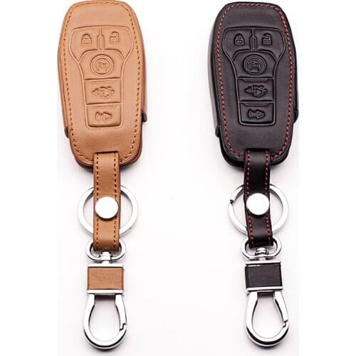 2017 Popular Top layer Leather High Quality Keychain Ring Cover Case for Ford Mustang 2015 2.3 T 5 buttons Key cases Car wallet