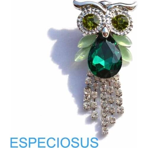Fashion Jewelry Rhodium Plated Rhinestone Owl Brooch Lady Gifts Ornament Crystal Breast pin Green Color Accessory Girl Garments