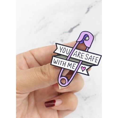 Pin Love Ribbon Brooch Purple Paper Clip Heart You Are Safe With Me Enamel Pin Jeans Backpack Badge Friends Kids Family Gifts
