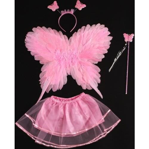Girls Feather Butterfly Wings Halo Magic Wands Skirt Kids Childrens Halloween Gift Christmas Cosplay Props Party Birthday Favor