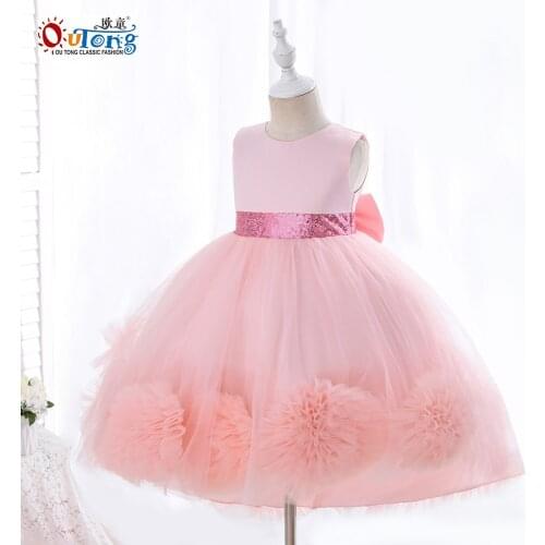 Outong Children Clothes Formal Dress 3D Flower Hem Sleeveless Bow Design Mesh Ball Gown Trumpet For Wedding Party Dress 2021