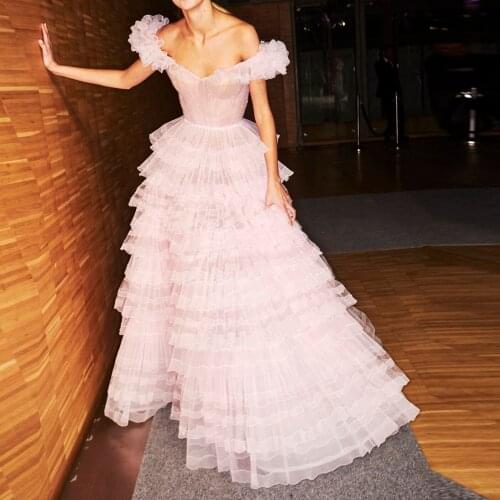 Princess Pink Ruffles Tiered Tulle Prom Gowns 2020 A-line Long Formal Dresses Women To Party Off The Shoulder