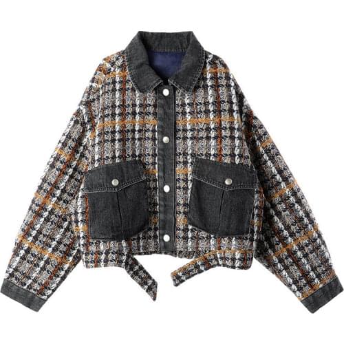 Graceful Jacket Womens 2020 Spring and Autumn New Korean-Style Loose Short-Height Panel Denim Plaid Trench Coat Short