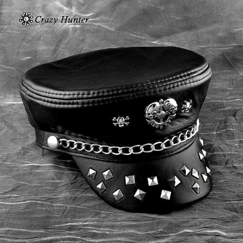 Mens Black Genuine Leather Punk Steampunk Rocker Metal Studded Skull Cap Hat