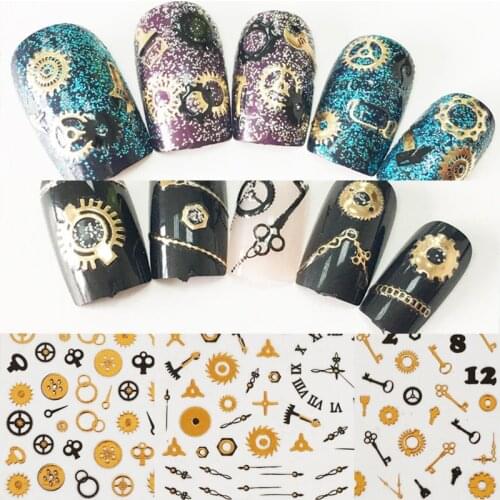 Latest 2pcs new trend 3D Self-adhesive punk Steam Machine Gear design Nail Art Sticker Ultra-thin 3D time wheel Decal For Nails