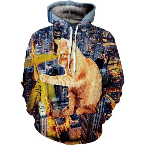 New animal character print hoodie 3D city cat cat hooded sweater hip-hop street mens and womens wear