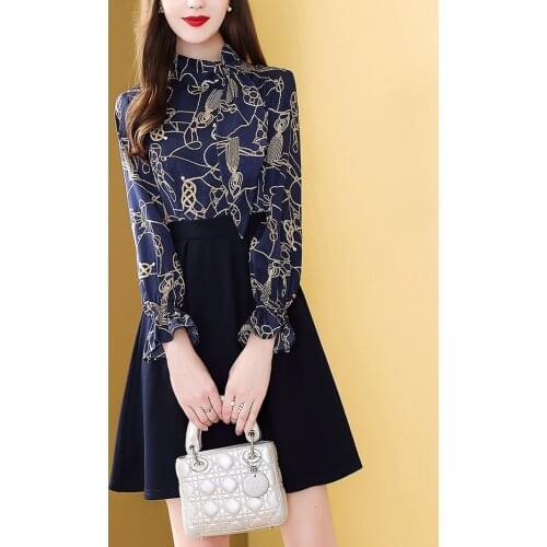 Office Ladies OL Work Dress Women Fashion Print Tie Midi Dress Ladies French Style Flare Sleeve Navy Blue Knee-Length Dress