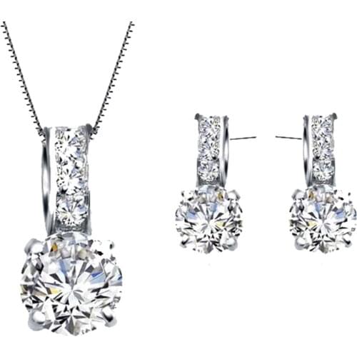 European Brand 925 Sterling Silver Rainestone Pendant Necklace/Earring Women Jewelry Sets Wholesale