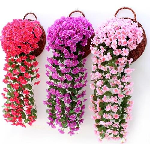 Hanging Wall Artificial Fake Silk Violet Orchid Flower Rattan Plant Hanging Basket Valentines Day Wedding Party Decoration