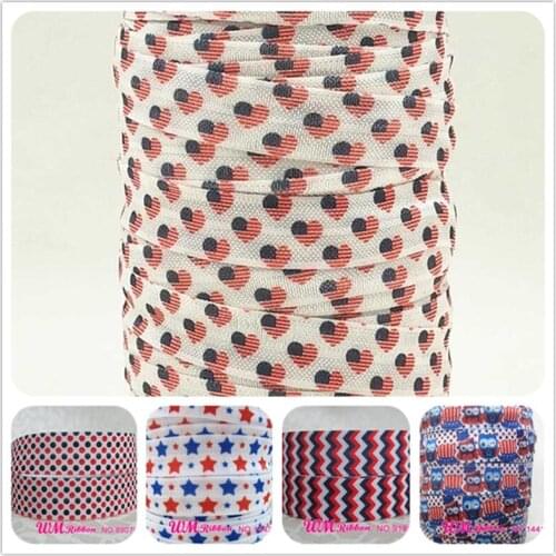 Q&N ribbon wholesale/OEM 5/8inch 16mm July 4th America heart printed folded over elastic FOE 50yds/roll free shipping