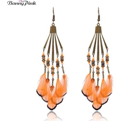 Banny Pink Bohemia Geo Tassel Earrings For Women Ethnic Layer Feather Dangle Earring Vintage Long Pendant Drop Earring Pendiente