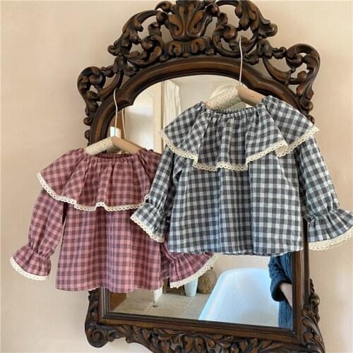 England Style Toddler Girls Plaid Shirt Ruffles Lace Petal Collar Princess Girls Tops Children Bottom Shirt Jackets Pullovers