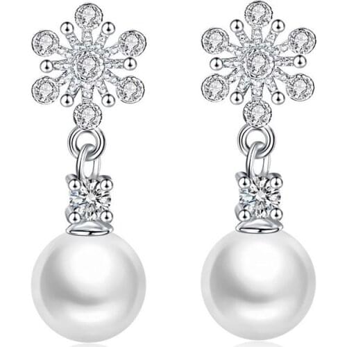 S925 Silver Earring Crystal Sparkling Pearl with CZ Snowflake Stud Earring For Women Wedding Gift Lady Girl Fashion Jewelry