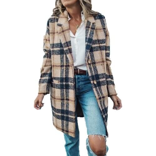 Chic Woolen Coat Women Loose Single Breasted Plaid Blend Shirt Jackets Outwear Check Trench Winter Coat Cappotto Donna