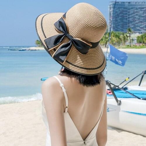 Simple Foldable Large Brim Floppy Bowknot Girls Straw Hat Sun Hat Beach Women Summer Hat UV Protect Travel Cap Lady Cap Female