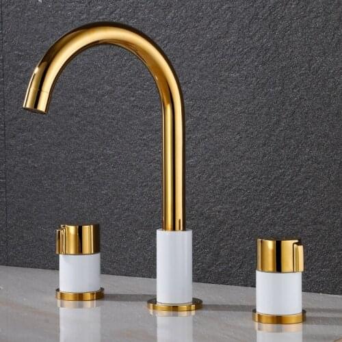 Basin Faucets Gold and White Brass Deck Mounted Square Black Bathroom Sink Faucets 3 Hole Double Handle Hot And Cold Water Taps