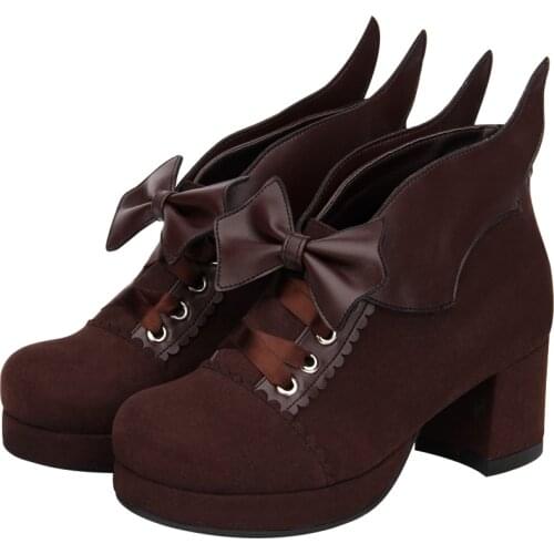 Round head thick with bow lace angel wings lolita womens shoes devil black goth Thick Middle Heel JK Uniform Lolita Shoes