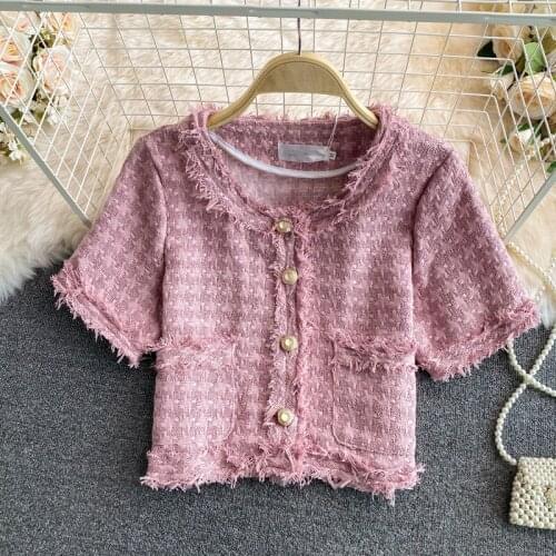 Ladies Tweed Blouse Womens Clothing Spring And Summer 2021 New Fashion Single-Breasted Round Neck Female Elegant Shirts