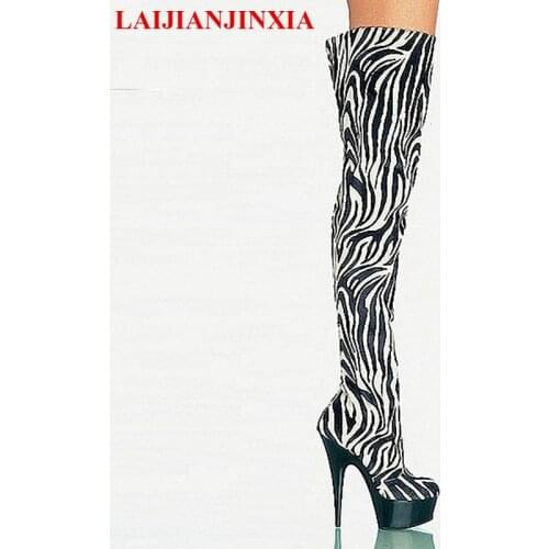 LAIJIANJINXIA Women PU Platforms Womens Boots 15CM High Heel Shoes Zip Sexy Thigh High Zebra Dance Shoes