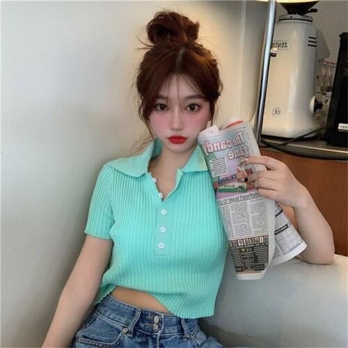 Woman T Shirts Summer Polo Collar Short Sleeve T-shirt Female Slim-Fit Crop-Top Crop Top Pullovers Mujer Camisetas