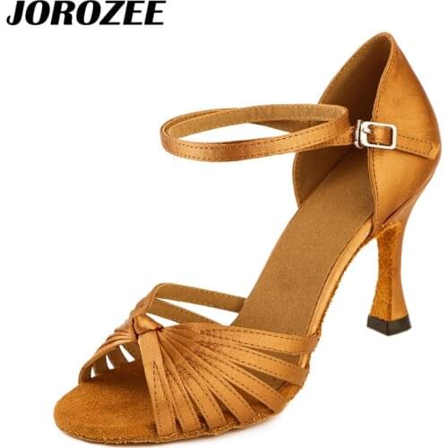 JOROZEE Womens Latin Dance Shoes Salsa Ballroom Dancing Shoes Bronze Seamless Back Cuban High Heel 9cm Satin Soft Outsole