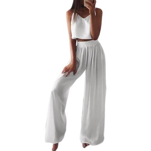 Women Pant Sets Sleeveless Solid Color Skin-friendly Sling V-neck Top Wide Leg Pants Outfit Tracksuit Streetwear Summer 2021