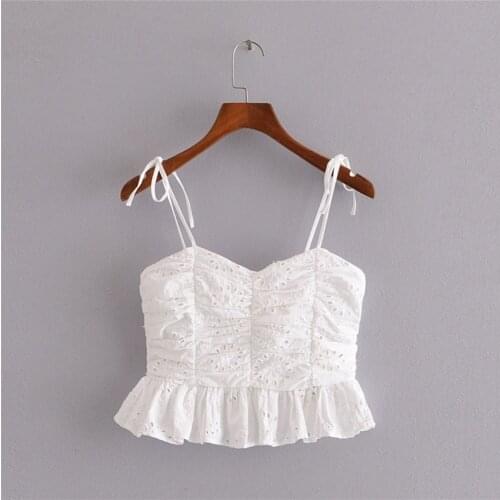 Hollow Embroidery Lotus Leaf Slim Slimming Strappy Top 2021 Summer Womens New V-Neck Fold Stitching