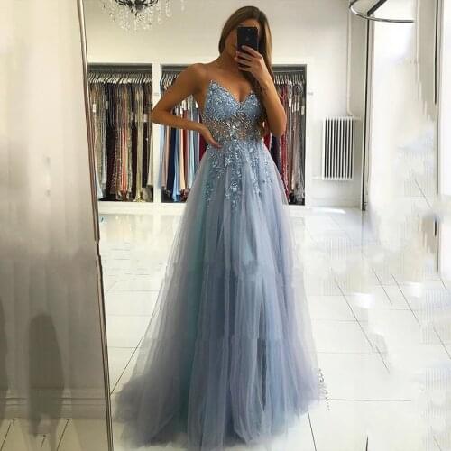 SoDigne Tull Prom Dress 2020 Sweetheart Backless Crystal Floral A Line Evening gown Formal Gala Dress For Women
