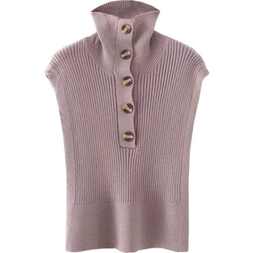 Sleeveless Knit Vest Sweater High Collar Button Split Shawl Waistcoat Chalecos Para Mujer
