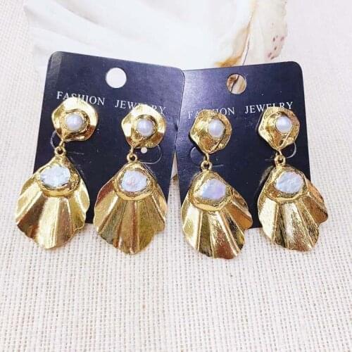 Hot Sell Personality Geometric Freshwater Pearl Earrings Drop Dangle Earring Copper 24K Gold Plated 3pairs