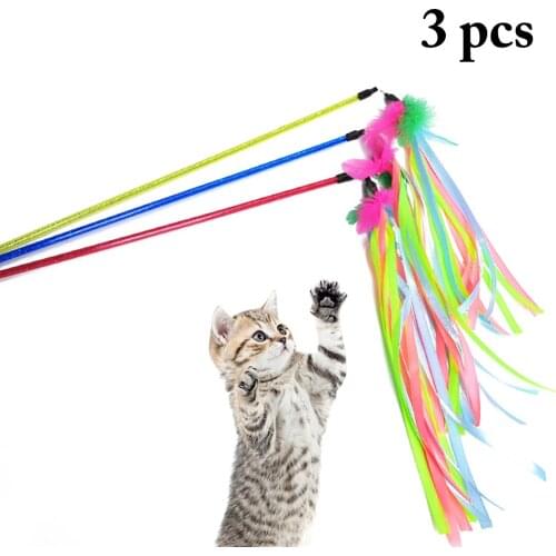 3pcs Cat Teaser Interactive Ribbon Cat Training Toy Cat Wand Toy With Bell Kitten Playing Funny Feather Grappige Kattenstok Toys