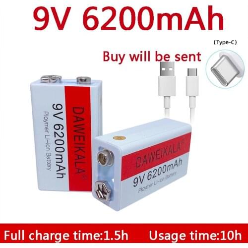 9V battery 6200mAh li-ion Rechargeable battery Micro USB Battery 9v lithium for Multimeter Microphone Toy +USB charging cable