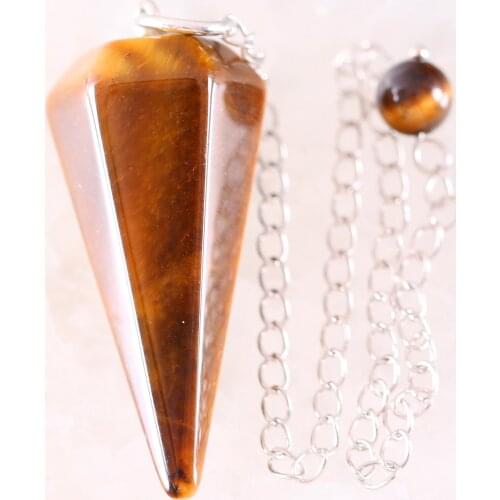 Chain Pendant Amulet Classic for Men Women Natural Healing Stone Gold Tiger Eye Reiki Pyramid Hexagonal Pendulum Bead K1808