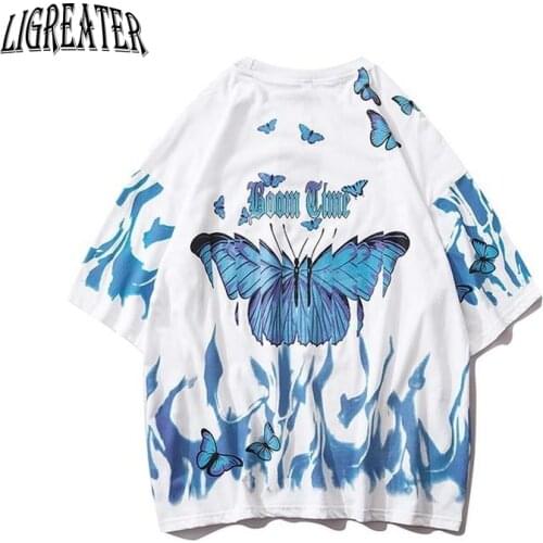 INS Butterfly Short Sleeve Harajuku Shirt American Street Hip-hop Cotton T-shirt Men Loose Blue Print Half Sleeve Couple Shirt