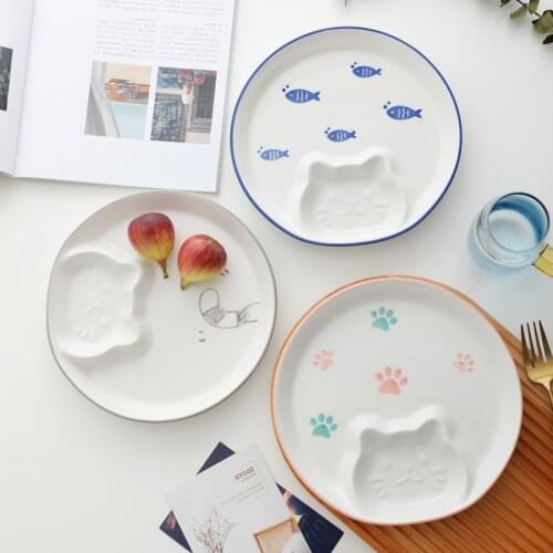 Creative Cute Cat Net Red Dumpling Plate with Vinegar Dish Ceramic Plate Dumpling Plate Household Dish Breakfast Plate Ceramic