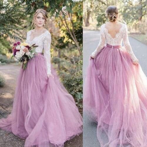 Lace prom dresses 2020 v neck long sleeve pink evening dresses tulle formal dresses vestidos de gala